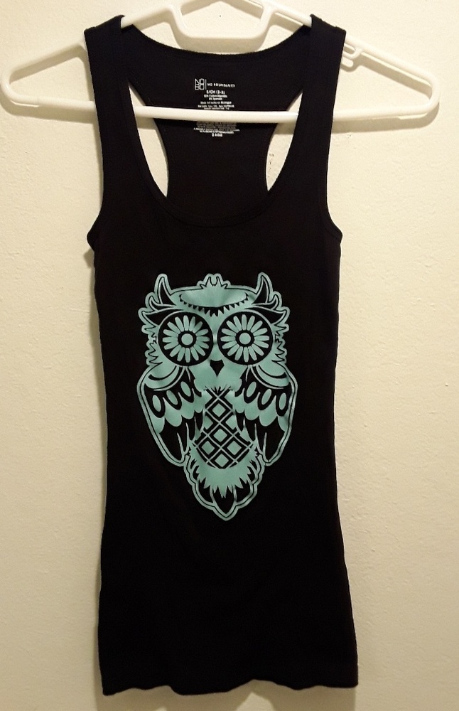 Black with Turquoise Owl Tank Top Size Small CUTE!